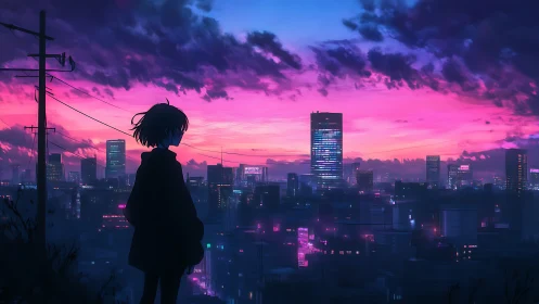 Silhouette girl overlooking neon city at vivid dusk sky.