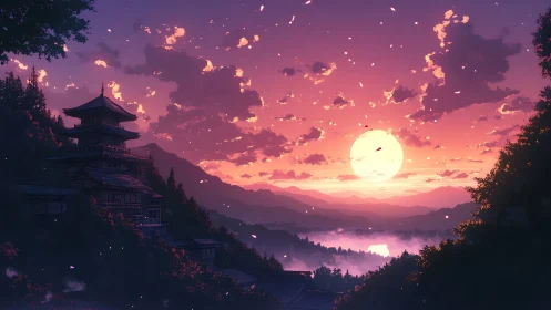 Mountain valley sunset with tiered wooden pagoda silhouette.