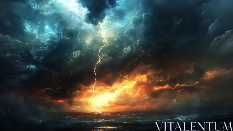 Lightning storm over burning horizon seascape at dusk.