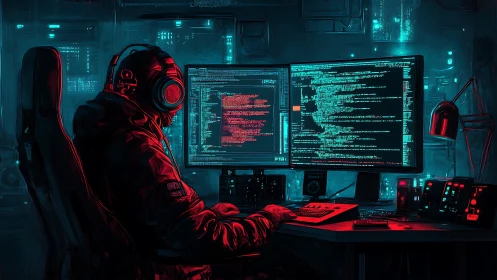 Solitary hacker writes glowing code in a neon cyber lab