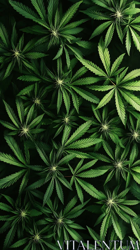 Lush cannabis leaf canopy in layered top view composition.