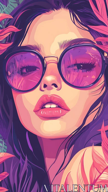 Neon-tinted portrait with reflective oversized sunglasses focus.