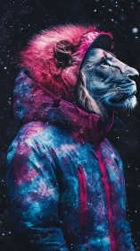 Cosmic lion in a galaxy jacket gazes calmly into starlight