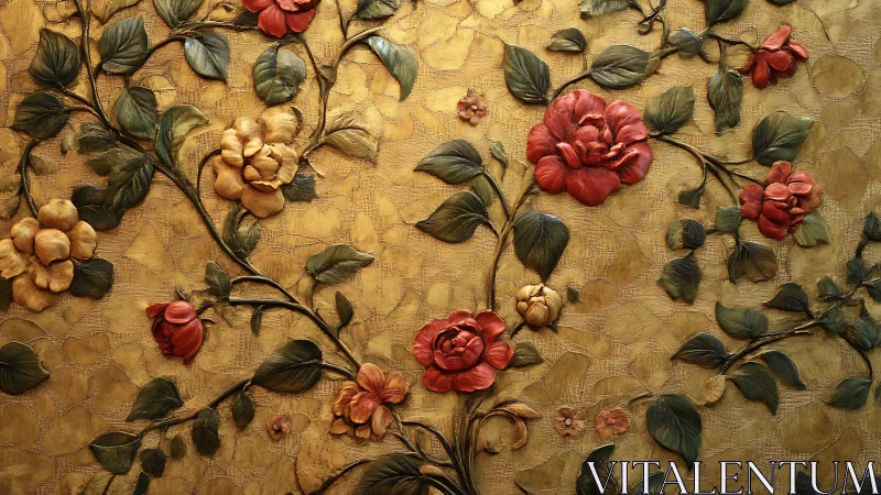 Ornate floral relief climbs across textured golden wall.