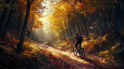 Mountain Biker Navigating Golden Autumn Forest Path.