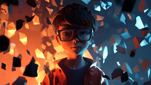 3D boy with glasses amid glowing geometric shards.