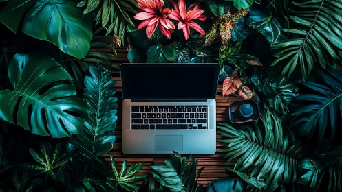 Laptop rests amid lush tropical foliage, vibrant teal greens