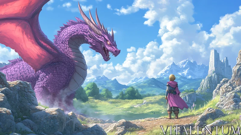 Knight confronts purple dragon in bright mountain valley.