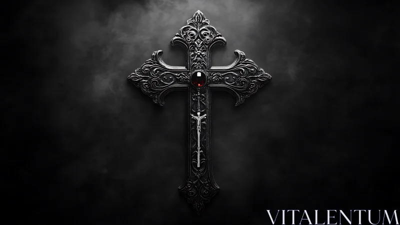 Ornate metallic cross with red gemstone on dark smoky background