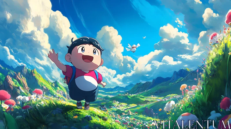 Joyful child explores a bright valley under dreamy blue skies