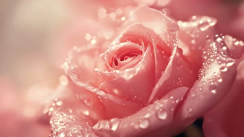 Dewdrop-covered pink rose with luminous bokeh background.