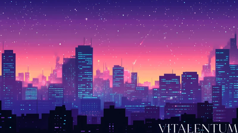 Gradient dusk skyline with neon-lit high-rise silhouettes and stars.