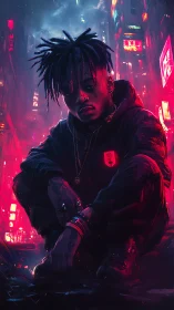 Neon drenched urban portrait of hooded youth in cyber alley