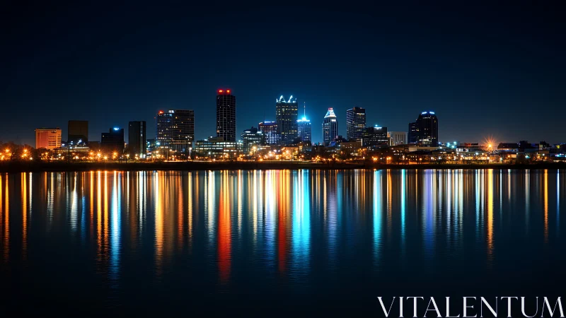 Riverlit skyline casting neon ladders across midnight water.