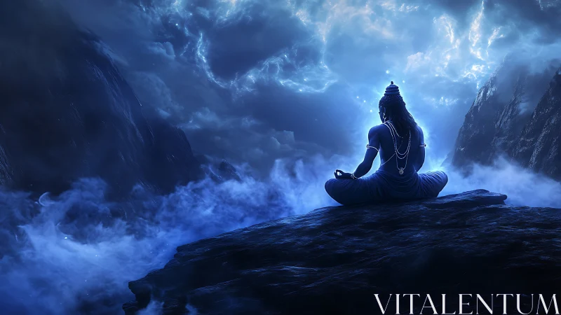 Meditating blue deity over misty mountains at night.