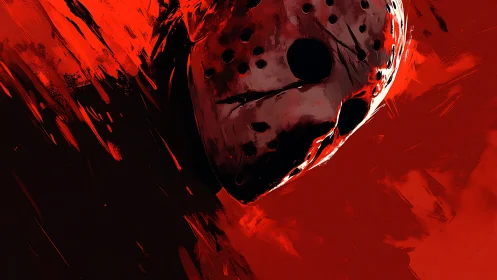 Hockey mask horror portrait against abstract red field.