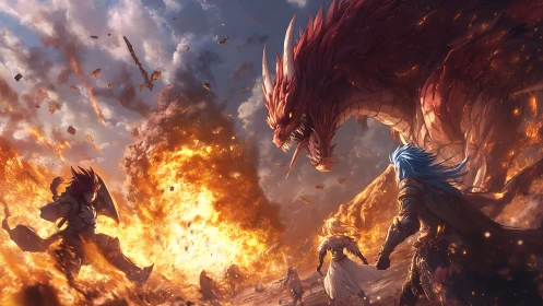 Storm of fire and steel as heroes clash with raging dragon.