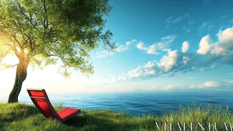 Sunlit shoreline scene with red lounge chair under detailed tree
