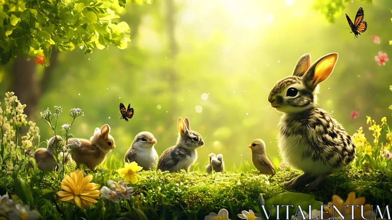 Sunlit forest animals gather in a peaceful spring meadow.