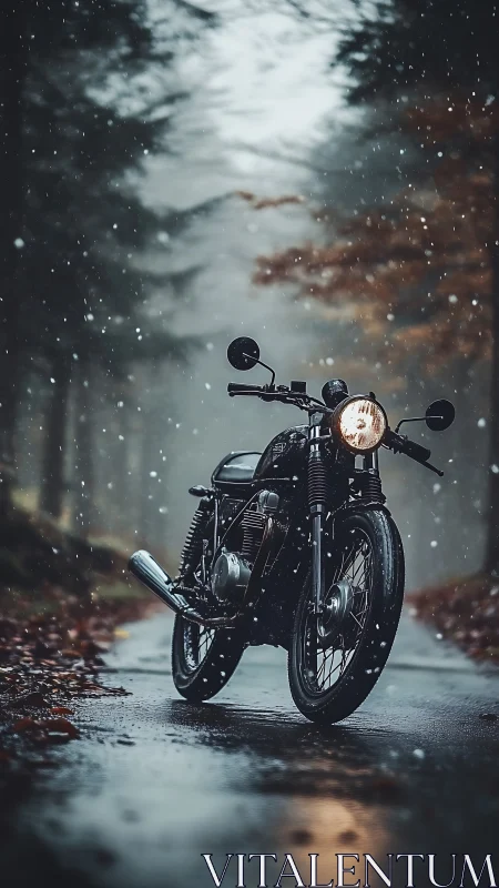 Vintage motorcycle on wet forest road during snowfall.