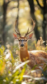 Young stag stands alert in sunlit forest clearing