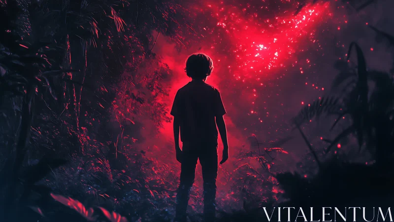 Child confronts glowing red portal in misty jungle night.