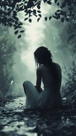 Backlit forest silhouette of seated woman in misty atmospheric perspective