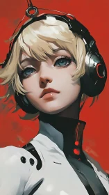 Calm android girl in sleek headset gazes with quiet resolve