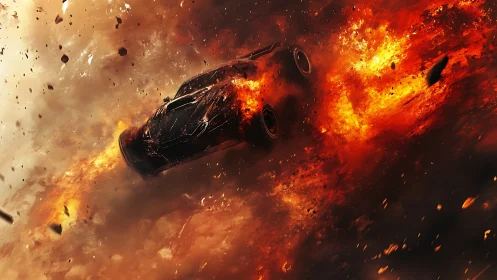 Armored racing car spirals through cinematic explosive firestorm