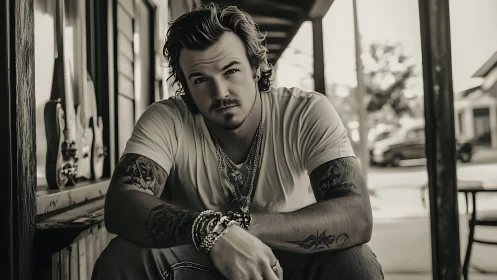 Brooding tattooed man on porch in sepia-toned portrait.