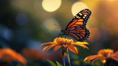 Monarch butterfly rests on orange flower in evening light