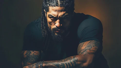 Low-key portrait shows muscular tattooed man in frontal pose