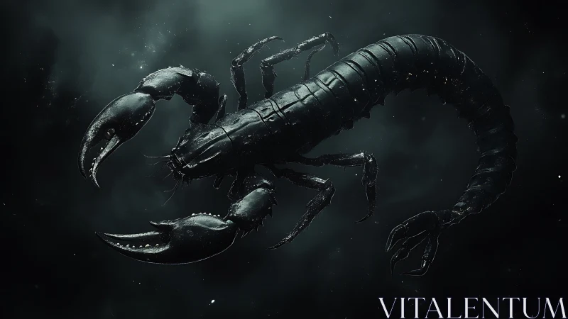 Bioluminescent black scorpion drifts through deep cosmic mist