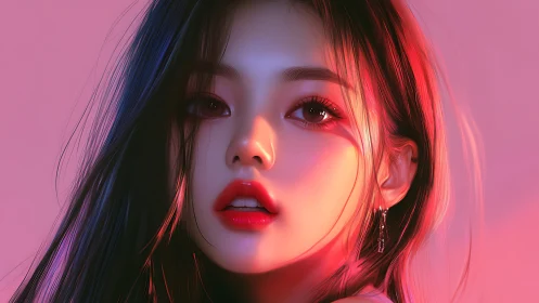 Neon-lit digital portrait renders hyperreal glossy beauty