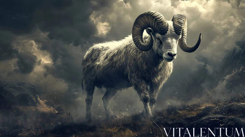 Stormlit mountain ram rendered with high-contrast atmospheric lighting