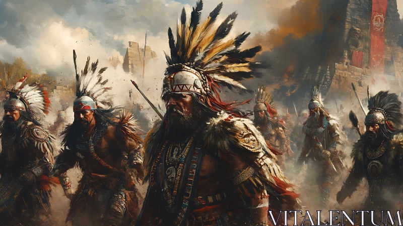 Warriors advance through smoke toward a burning stone citadel