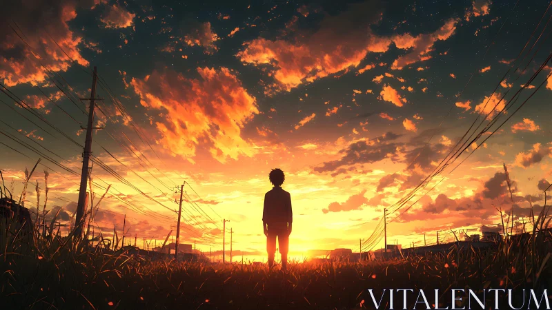 Sunset wanderer stands beneath electric sky of ember clouds.