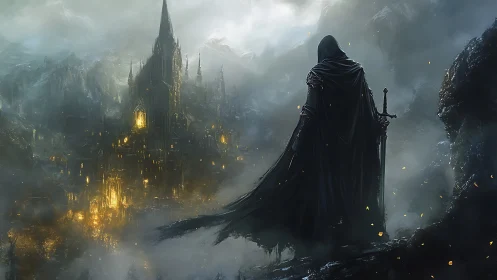 Lone cloaked warrior surveys a blazing gothic fortress in mist