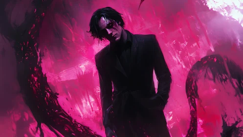 Digital painting of suited antihero in crimson abstract void.