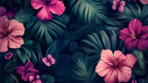 Tropical Blooms Against Deep Foliage.