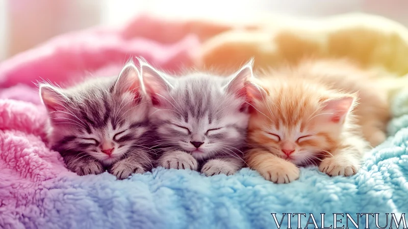 Three Sleeping Tabby Kittens with Closed Eyes on Textured Rainbow Blanket