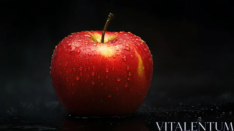 High-contrast macro of dewy red apple against black void