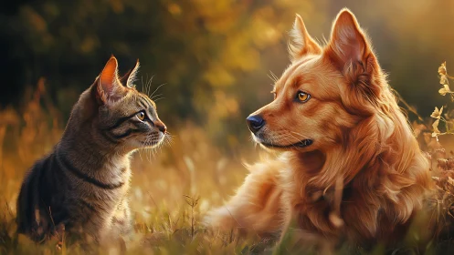 Cat and dog positioned facing each other in natural setting.