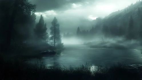 Foggy forest lake at dawn with dark trees and hills.