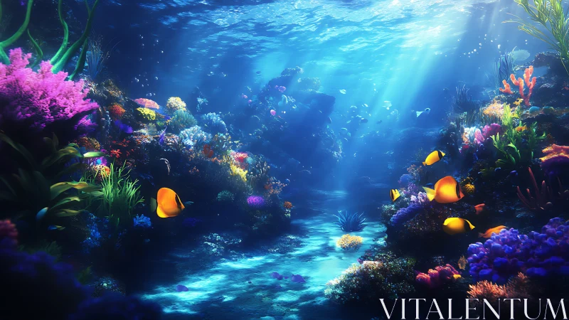 Sunlit digital coral reef scene renders luminous tropical fish