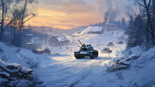 Armored column advances through snowbound village at winter sunrise