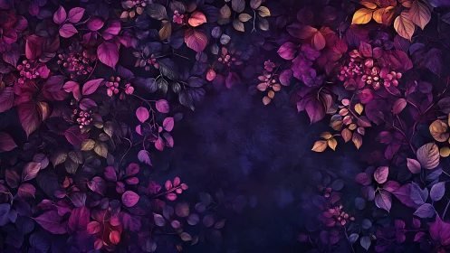 Vibrant violet foliage frame with dark floral center void.