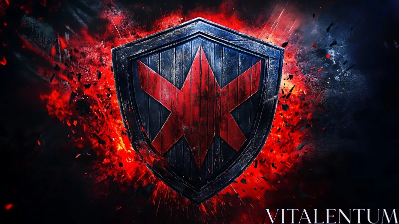 Digital shield emblem with fractured red star core design.