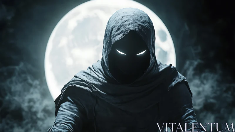 Hooded figure silhouette with glowing eyes before full moon.