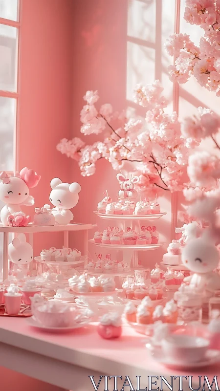 Pastel bunny dessert table in dreamy pink afternoon light.